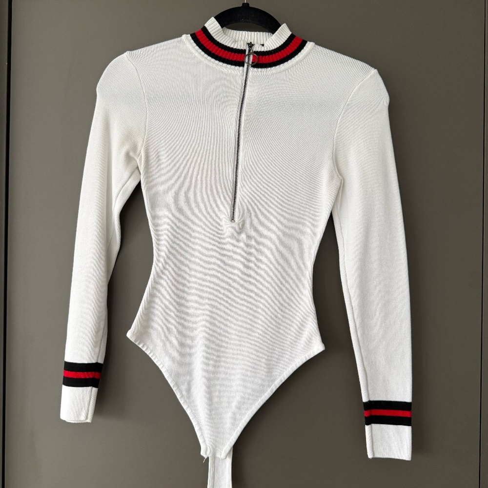 White Half-Zip Athletic Bodysuit | Collared Long Sleeve Sportswear Top Size S